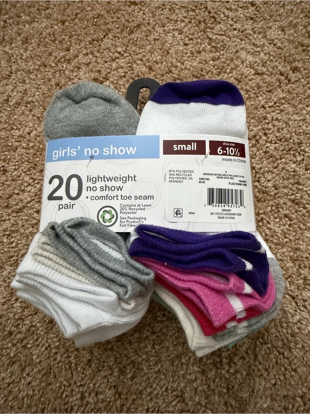 Wonder Nation Girls' Lightweight No Show Socks, 20-Pair Pack Small, Shoe Size 6